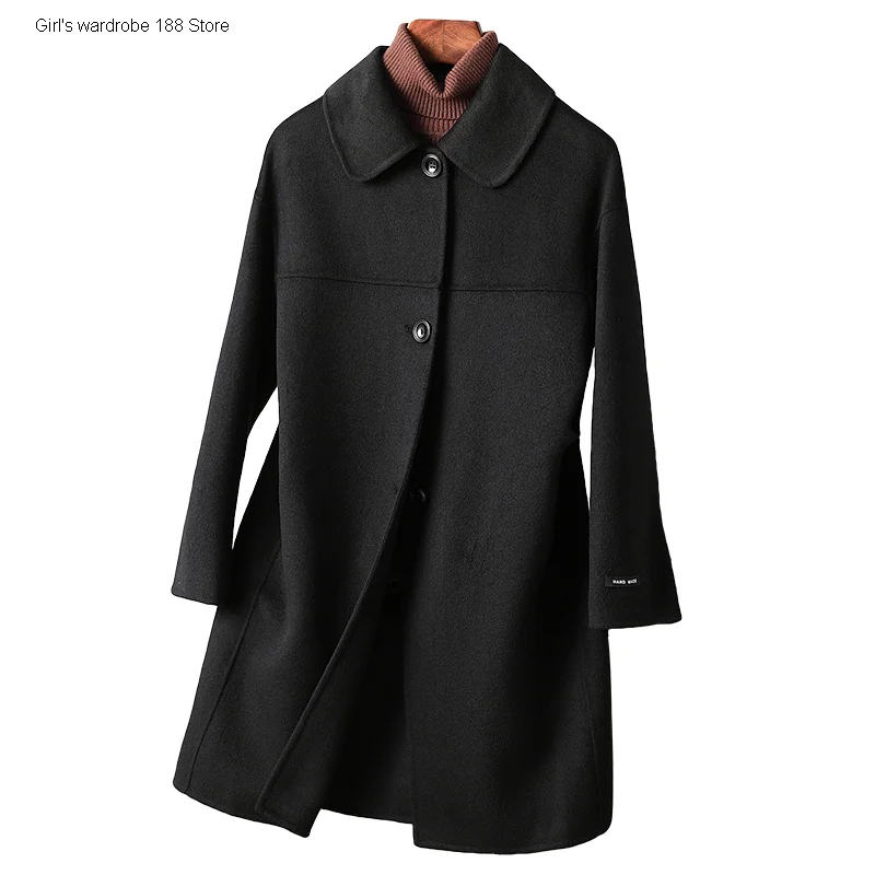 

Double sided cashmere coat women's medium long 2020 new black high end Hepburn style woolen coat