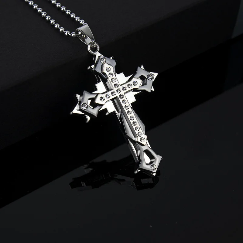 

European And American Pop Crystal Cross Men's Three-layer Stainless Steel Personality Necklace