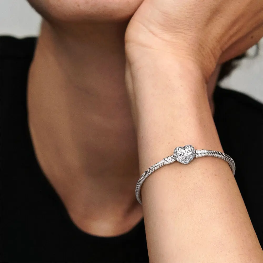

2021 Trendy 925 Sterling Silver Bracelet Sparkling Heart Pav Clasp Snake Chain Bracelet Women Original Jewelry Gift