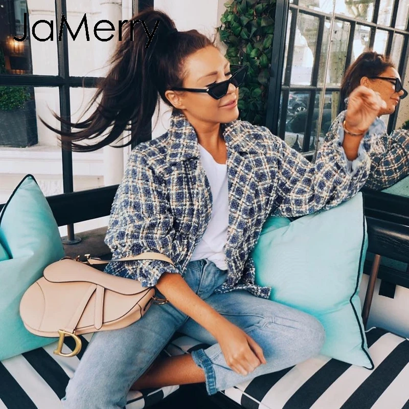 Женская твидовая клетчатая куртка JaMerry винтажное элегантное пальто с рукавами