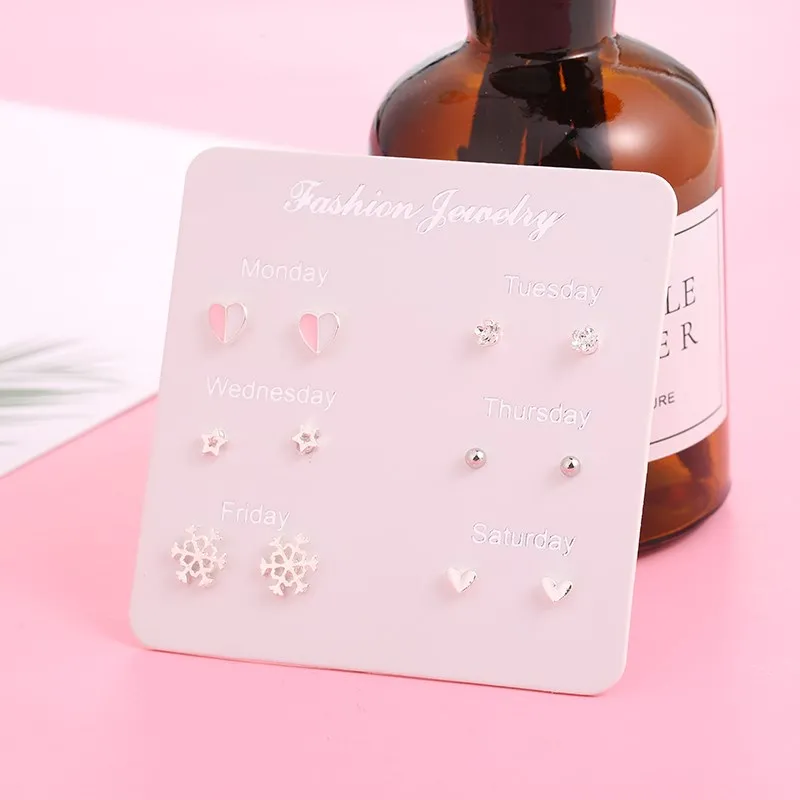 6 Pairs/set, New Earrings for Women Stars Heart Crytal Cute Earrings Fashion Jewelry Monday To Saturday 6 Pairs Earrings - Metal Color: B2