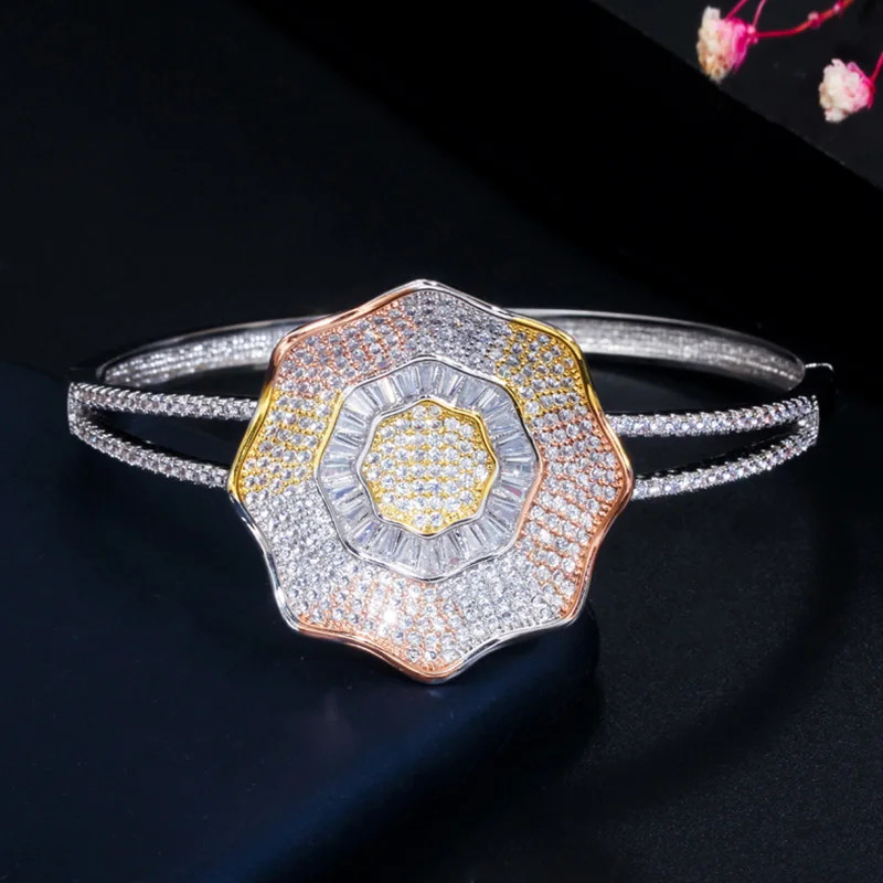 Пера сверкающий белый микро проложить CZ 3 тона золотые ювелирные изделия большая