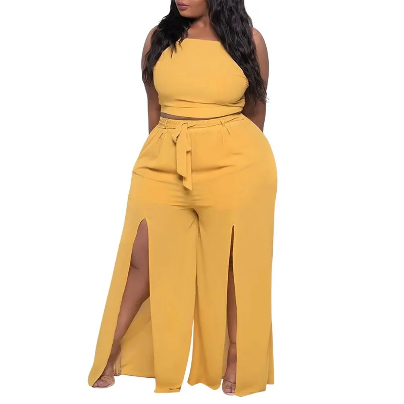 

Women Two Piece Sets 5XL Plus Size Tank Crop Tops And Split Flare Pant Suits Summer New Bandage Hollow Street Style Sexy Outfits