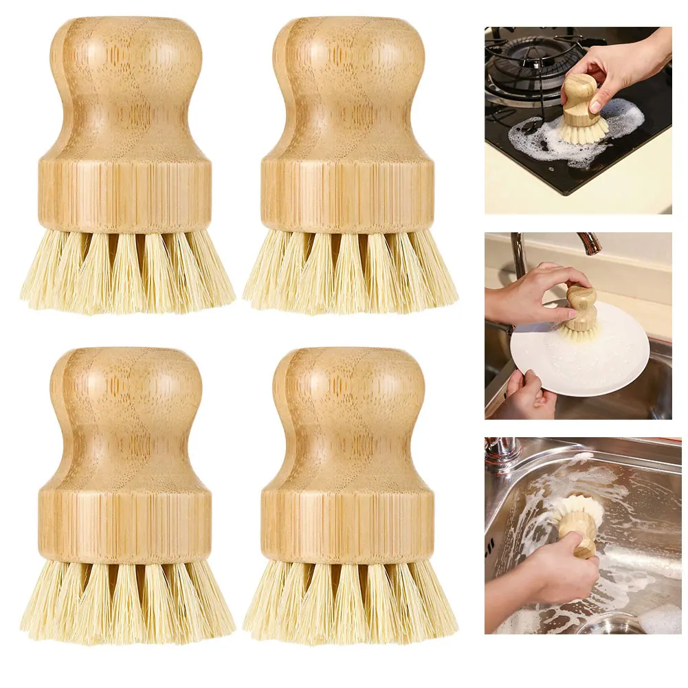 

4PCS Bamboo Round Dish Brush Bamboo Palm Scrub Brush Kitchen Pots Pans Bamboo Scrubber Bamboo Kitchen Cleaning Scrubbers