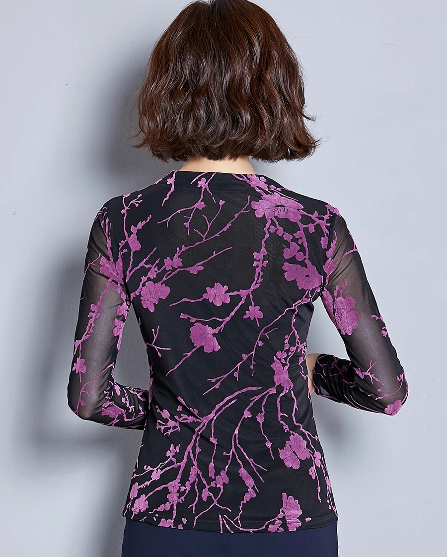blusas mujer de moda autumn print long sleeve camisa V-neck purple mesh shirt blouse women tops plus size casual blusas