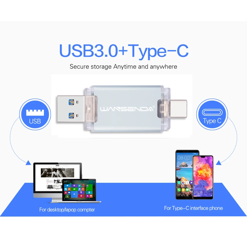 WANSENDA OTG USB Flash Drive 2 IN1 TYPE-C & USB3.0 Pen 256GB 128GB 64GB 32GB 16GB Pendrive Memory Stick for Android/PC |