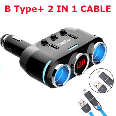 B with 2in1 cable ACCNIC 2 USB порта 3 Way розетка для автомобильного прикуривателя Разветвитель зарядное устройство DC 12~ 24V прикуриватель гнездо черный - Название цвета: B with 2in1 cable