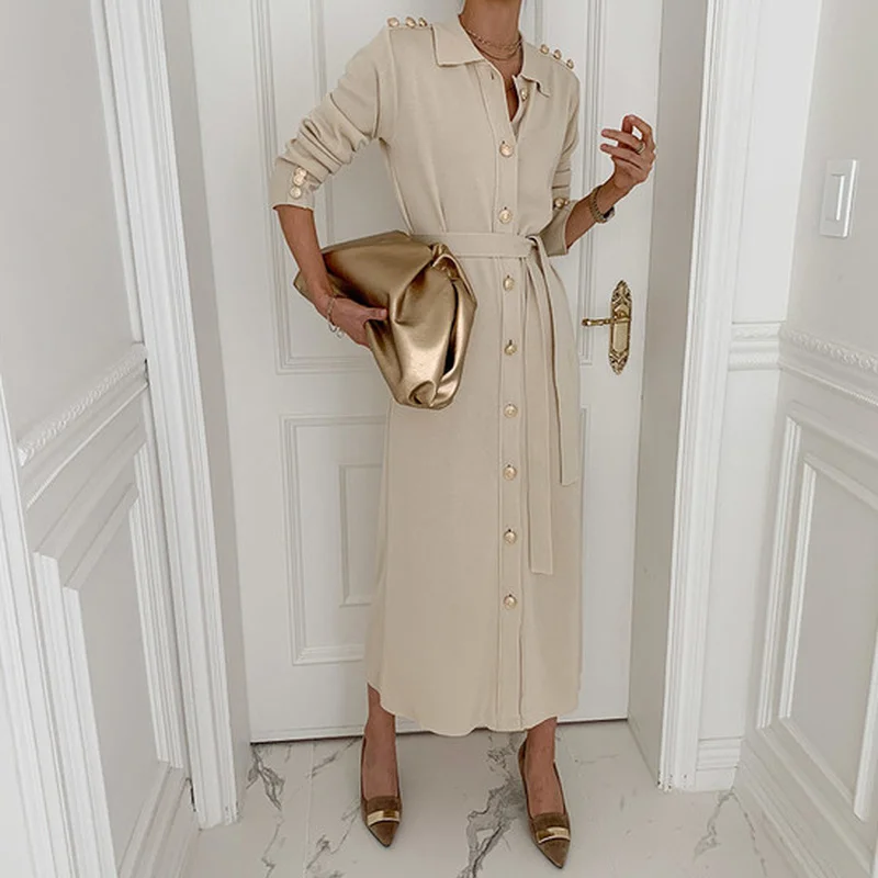 

NEW High Waisted Women Knitted Cardigan High Quality Wool Sweater Maxi Dresses for Women Single Breasted Elegant Ladies Vintage