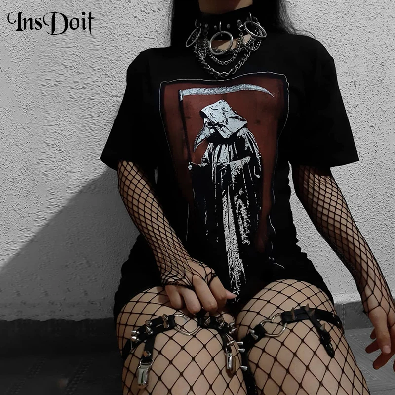 

InsDoit Gothic Clothes Black Long Women's T-shirts Harajuku Print Short Sleeve Summer T Shirts Streetwear Vintage Fashion Tees