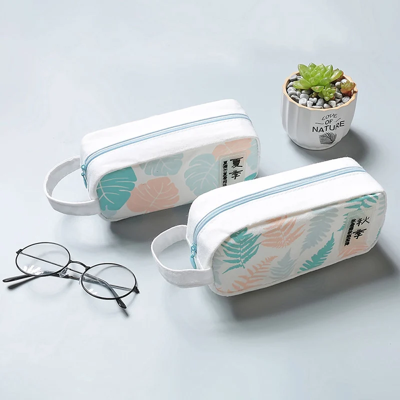 Милый чехол для карандашей с листьями кавайный холщовый ручек вместительная