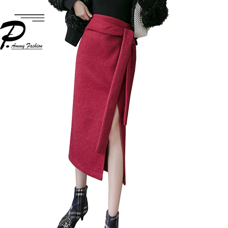 P Ammy приталенная шерстяная юбка карандаш с разрезом Осень зима 2019 Женская Плотная