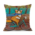 Черно-белая льняная наволочка с рисунком кота для езды на велосипеде, дивана, Автомобильная подушка, диванная подушка, подушки для кошек, домашний декор