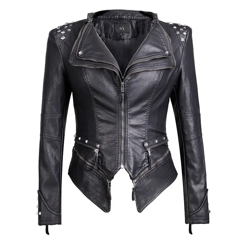 Women Smooth Motorcycle Faux Leather Jackets Punk Ladies Long Sleeve Autumn Winter PU jacket Streetwear Black  Coat