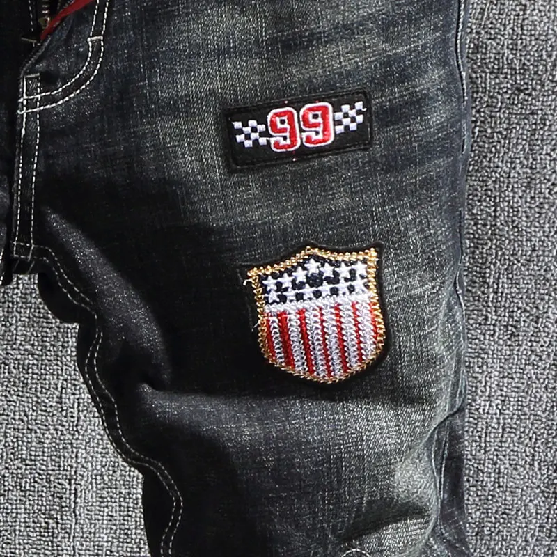 American Street Fashion Men Jeans Retro Black Blue Elastic Slim Fit Ripped Jeans Men Patches Designer Hip Hop Denim Punk Pants