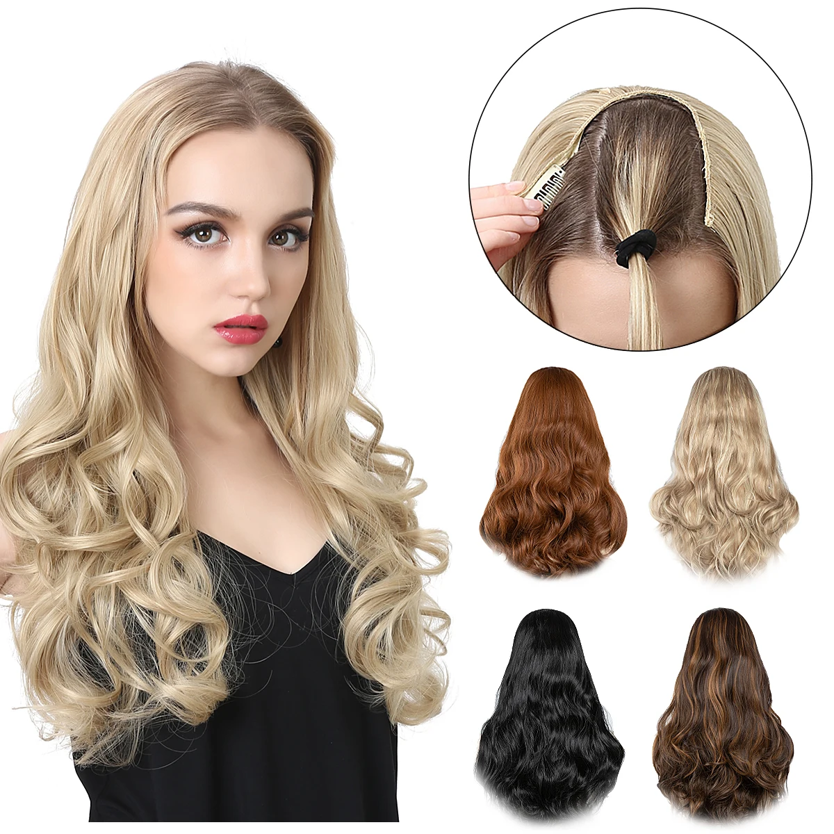 Synthetic Wavy U Part Wigs for Women  Clip in Hair Extension Invisible Half False Wig Long Blonde Black Natural Hairpieces