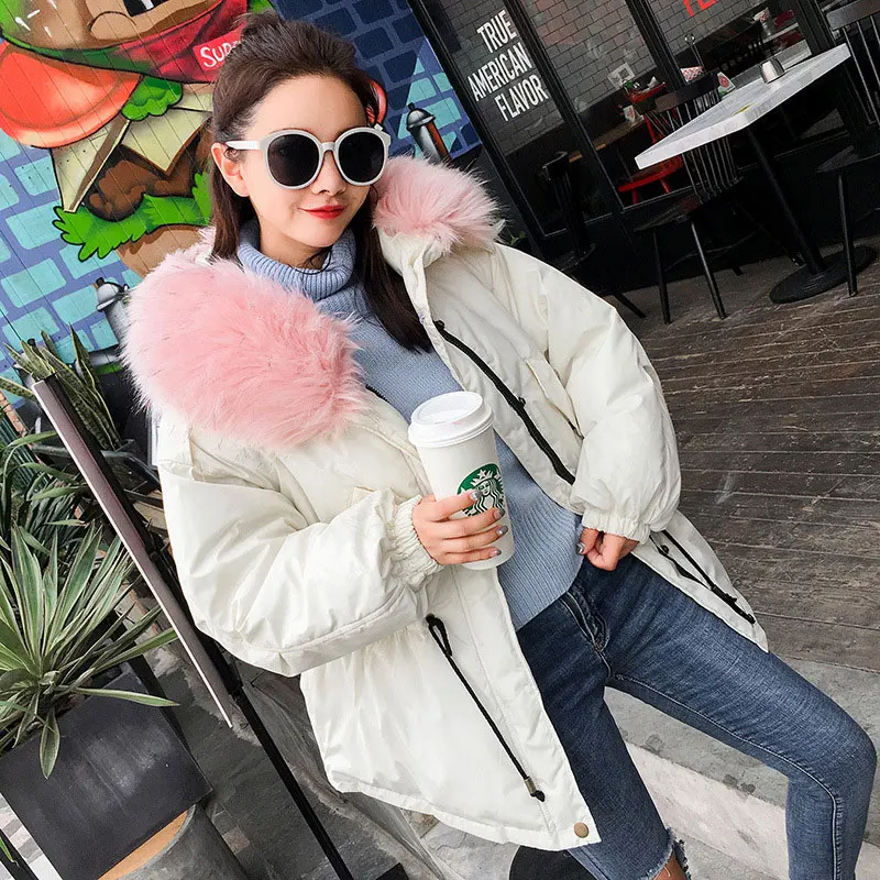 BEIGE Короткое меховое пальто с капюшоном для женщин, большой размер, эластичный пояс, зимнее пуховое пальто, Толстая теплая куртка, ватные парки с большим карманом - Цвет: BEIGE
