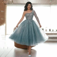 blue luxury crystal evening dress ball gowns saudi arabia tea length one shoulder middle east party dress evening gowns