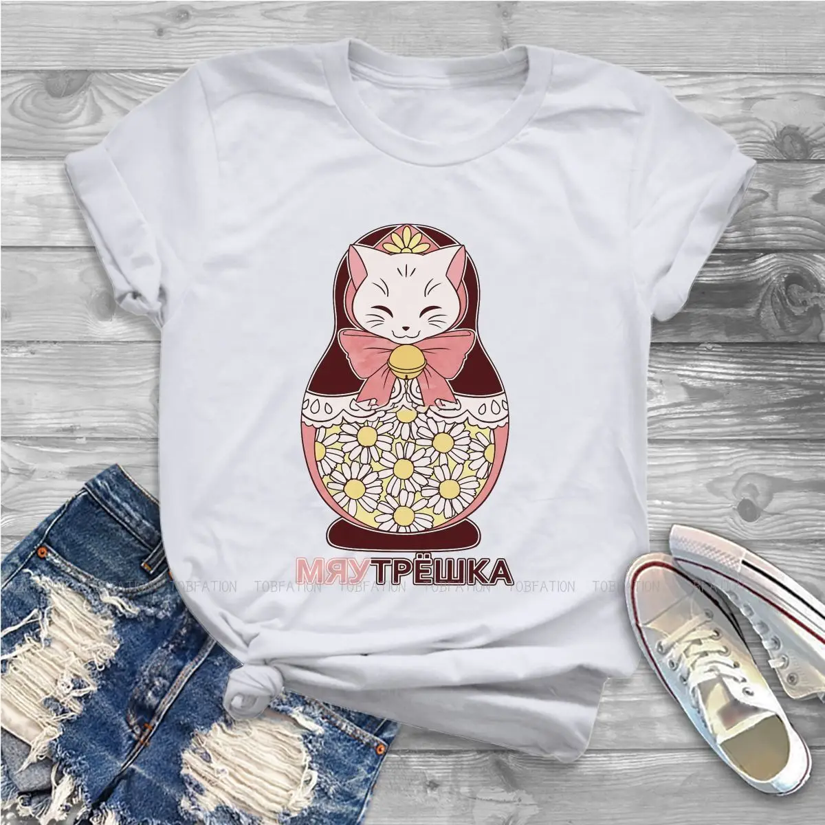 

Футболка Meowtryoshka женская, топ с круглым вырезом для девушек, Матрешка, Русская Чайная кукла, 4XL, Забавный модный подарок