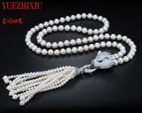 aaa white 8 9mm natural freshwater pearl jewelry sweater chain necklace leopard head inlay zircon 5 6mm tassel sweater chain