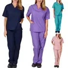 Однотонная униформа медсестры 2 шт.компл., топ с коротким рукавом и V-образным вырезом, длинные скрабы, брюки, наборы унисекс, Рабочая Униформа