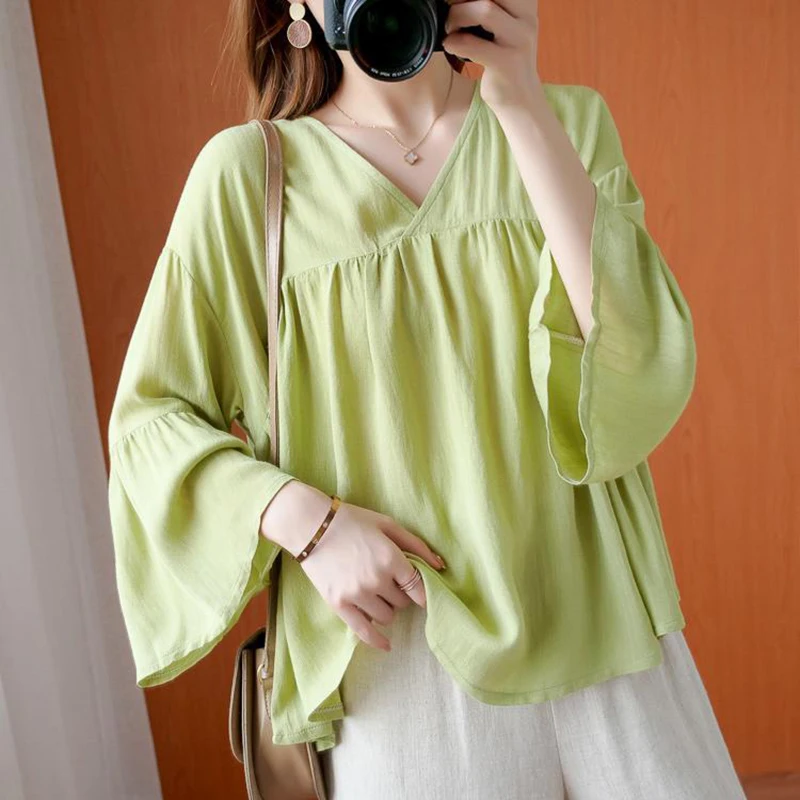 

Sweet Ball Gown Top Fashion Babydoll Women Flare Sleeve T Shirts Summer Loose V-neck 2xl Oversized Pulovers Clothing Green White