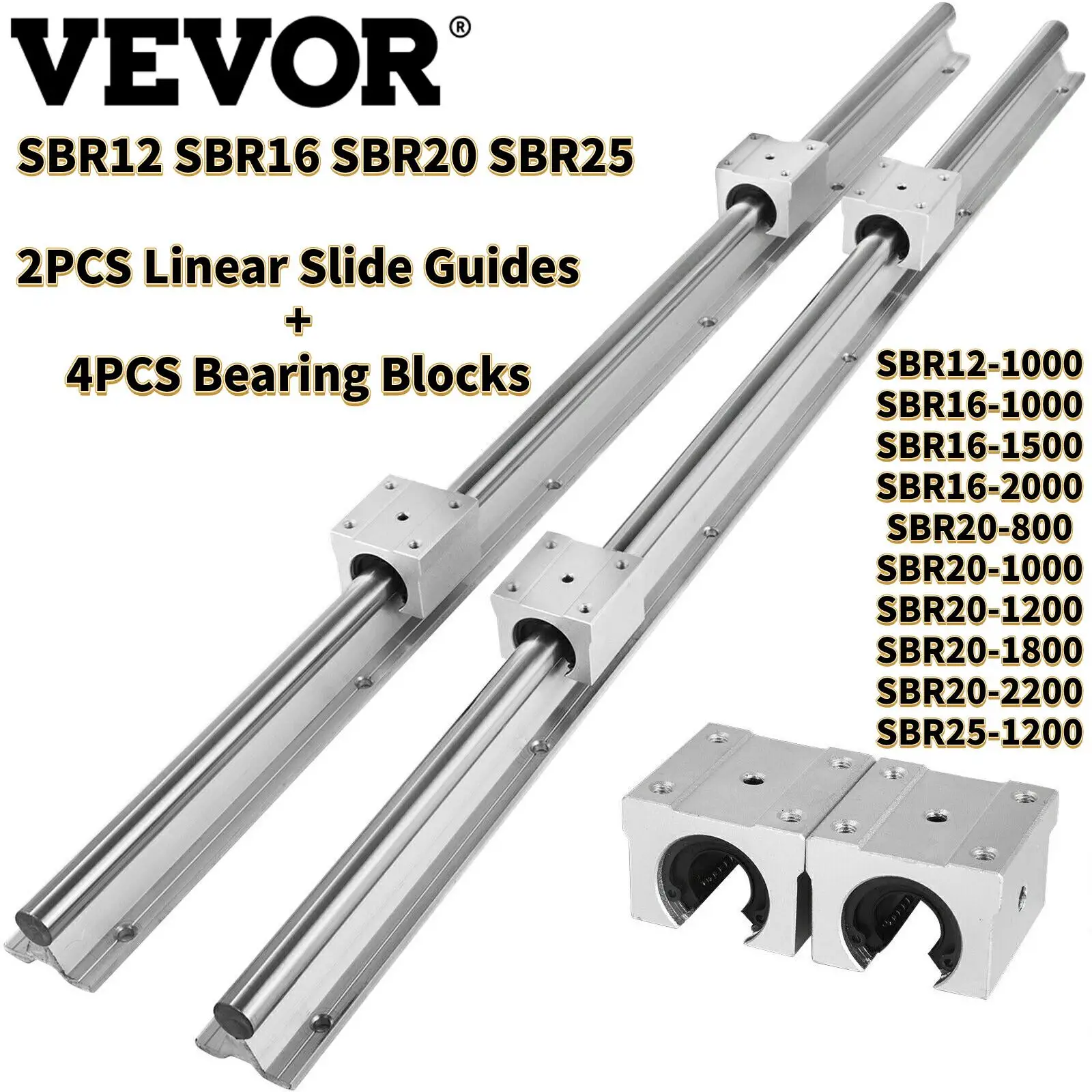 

VEVOR 2 шт. линейные направляющие SBR12 SBR16 SBR20 SBR25 800-2200 мм, полностью Поддерживаемые и 4 шт. подшипников для фрез «сделай сам», детали ЧПУ