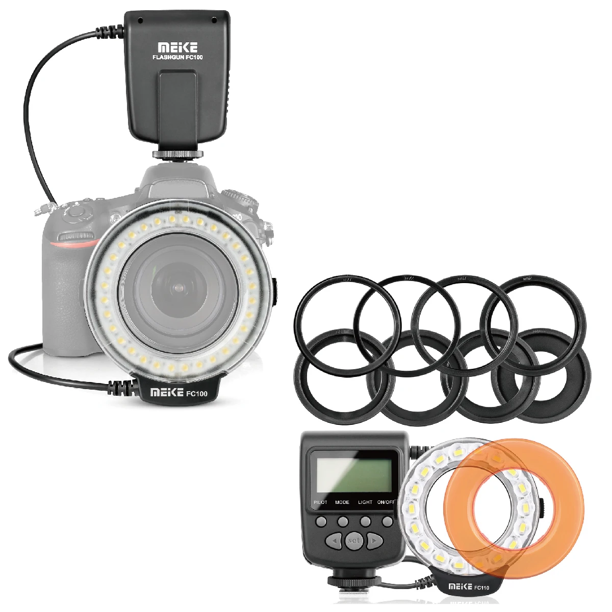 

Meike FC-100 FC100 ручная светодиодная Кольцевая вспышка для макросъемки с 7 переходными кольцами для цифровых зеркальных камер Canon Nikon Olympus Pentax