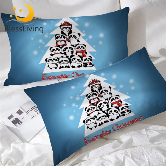 BlessLiving Christmas Tree Pillowcase Lovely Cartoon for Kids Pillow Case Panda Snow Pillow Cover Blue Animal Pillow 50x75cm 1