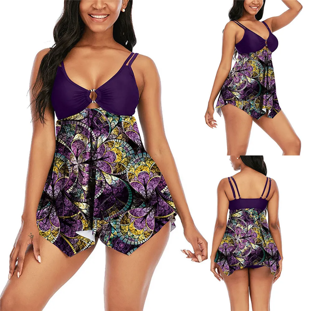 

Women Swimming Dress + Shorts Bikinis Set Summer Sexy V-neck Hollow Decoration Bandage Beach Swimwears 2021