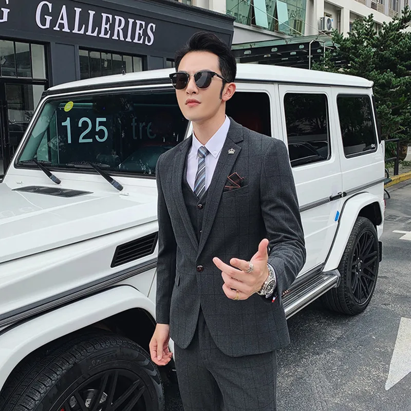 

Blazer+Pants+Vest Luxury Men Suit 3 Pcs Set Fashion Boutique lattice Groom Wedding Dress Men's Tuxedo Men Banquet Club Business