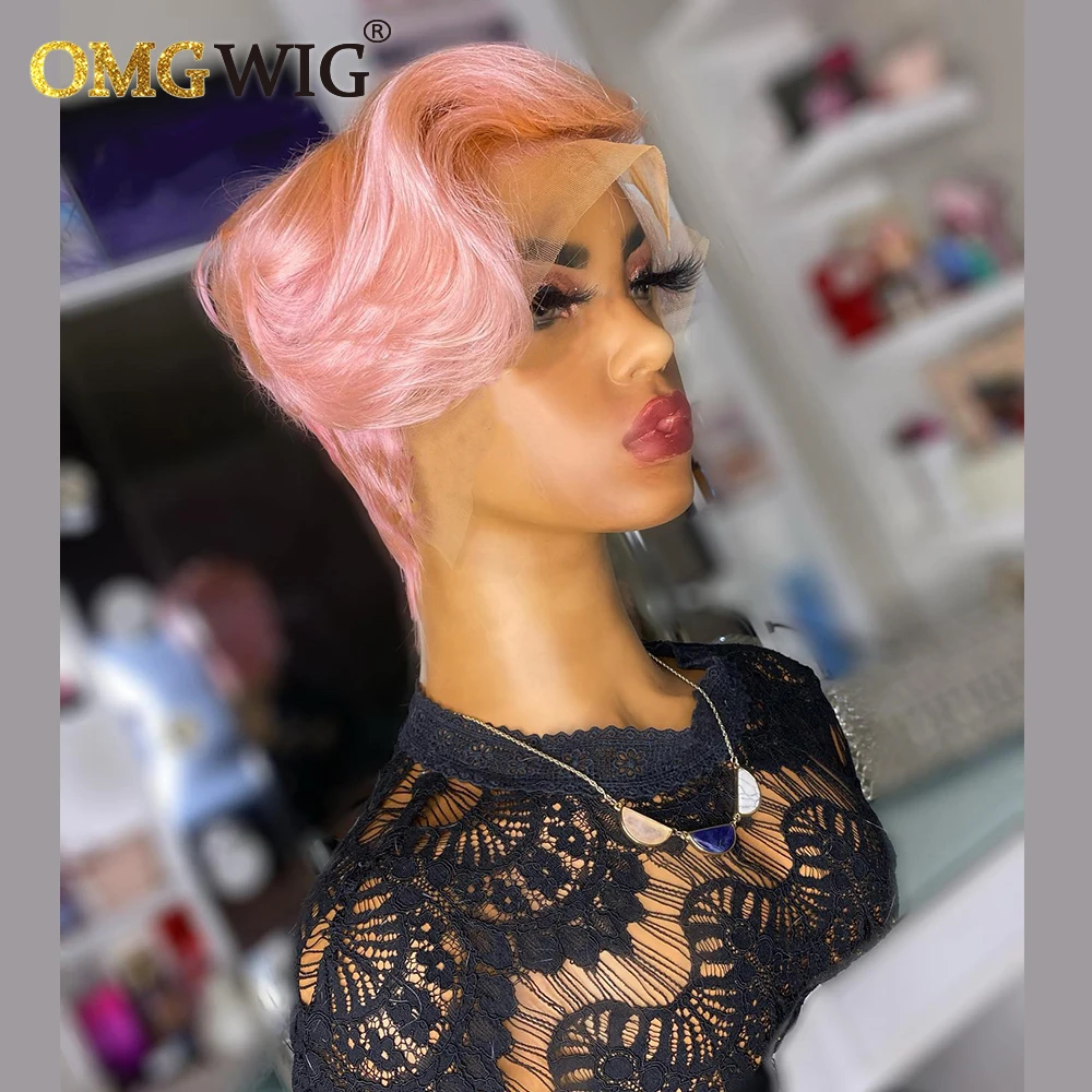 Парик короткий с короткой стрижкой Боба Пикси розового цвета 13x1 парик на сетке