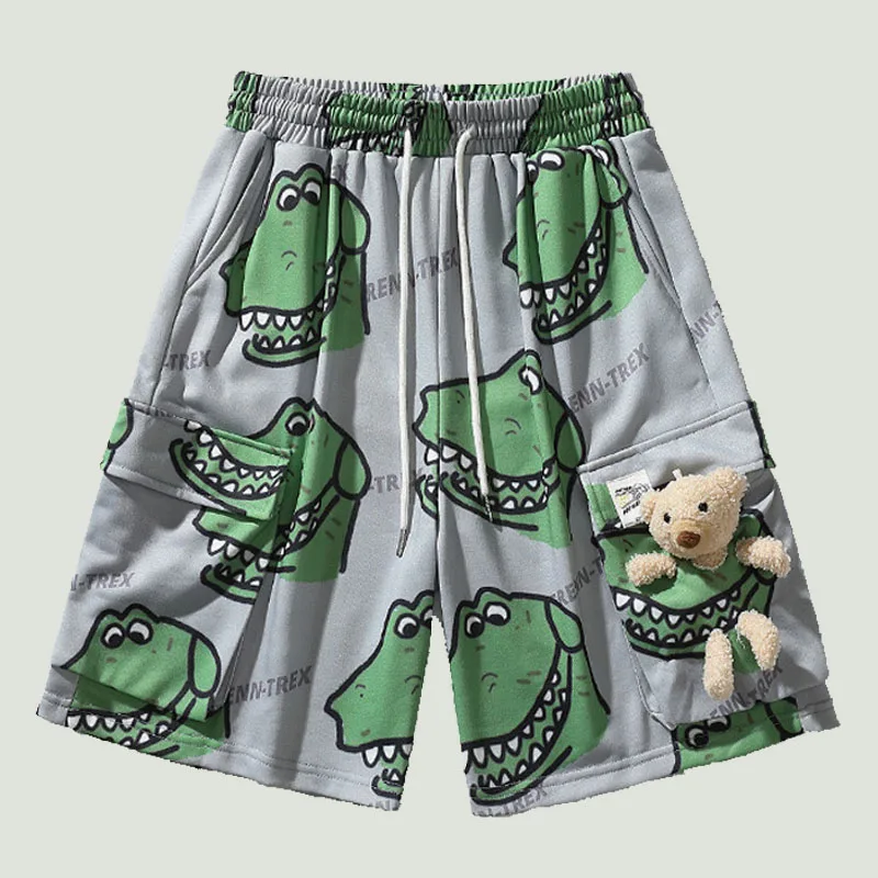 

Street Fashion Men's Dinosaur Printed Bear Doll Multi-pocket Cargo Pants Summer Harajuku Loose Straight Casual Sport Shorts Mens