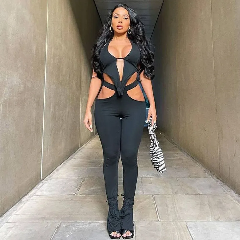 

Sexy Fitness 2 Piece Matching Suits Women's Costumes Halter Backless Irregular Top and Side Cut Out Bell Bottom Pant Outfits