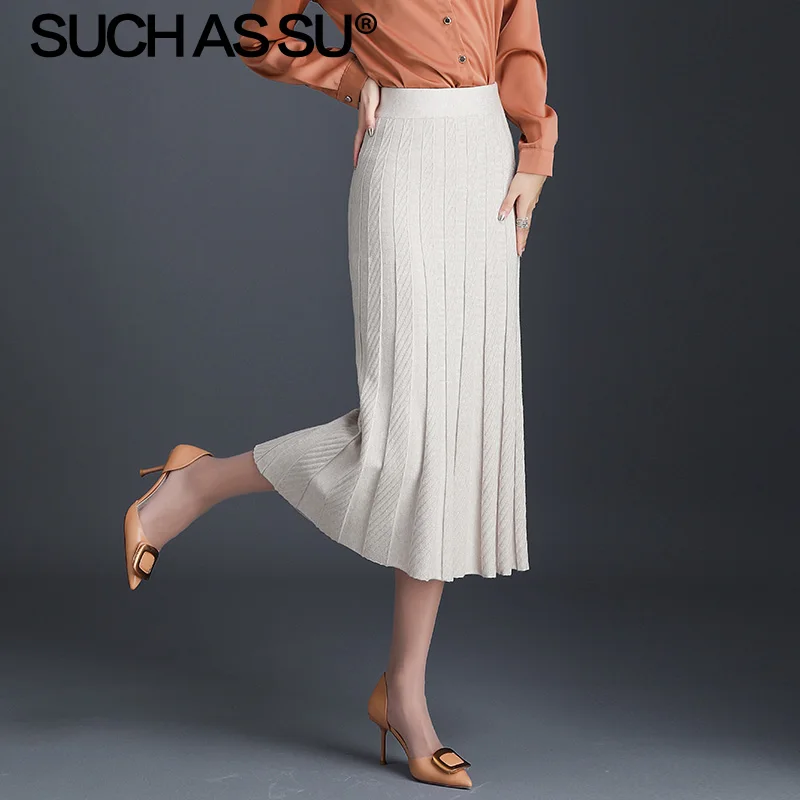 Apricot Skirt Новинка, женские вязаные юбки, Осень-зима, черный, серый, абрикосовый цвета, высокая талия, плиссированная юбка, тонкая, с оборками, средней длины, Женская юбка - Цвет: Apricot Skirt