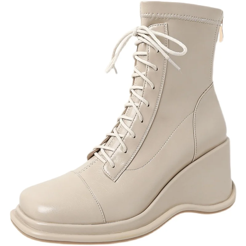 

Autumn and Winter Women's Slope Heel Boots Martin Boots Female British Style Waterproof Platform Square Toe Platform Ankle Boots