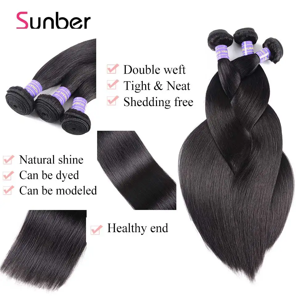 Sunber волосы малайзийские прямые 3 пряди с застежкой натуральный цвет высокое