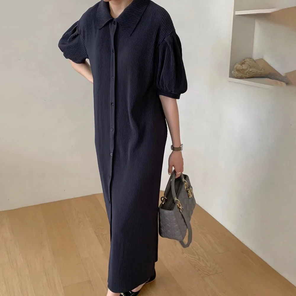 

Japanese Style Casual Temperament Women's Dress 2021 Summer Loose Simple Solid Color Single-breasted Lapel Lantern Sleeve