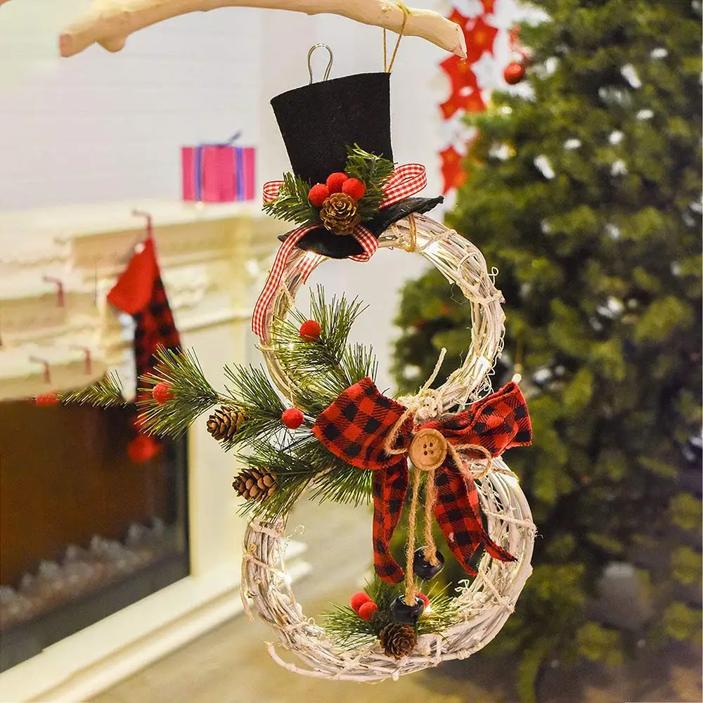 Corona de Navidad LED para puerta delantera, coronas artificiales de mu&ntilde;eco de nieve con cadena de luces LED, arco de pino, decoraci&oacute;n de patio-1