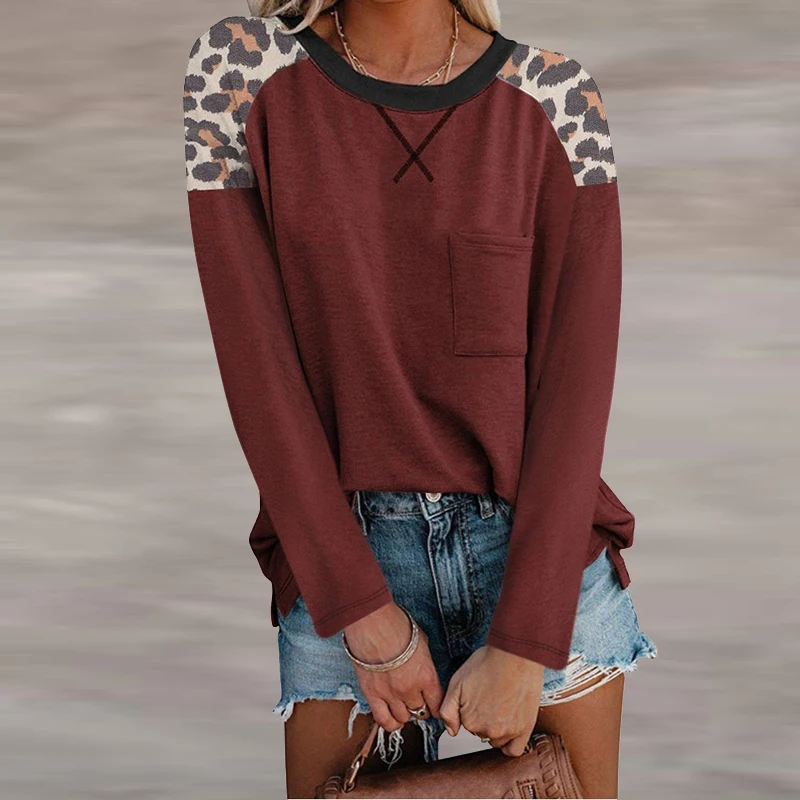 

Autumn Winter Long Sleeve Loose Tee Sweatshirts Casual O-Neck Women T-Shirts Fashion Patchwork Leopard Tops Pullover Streetwear