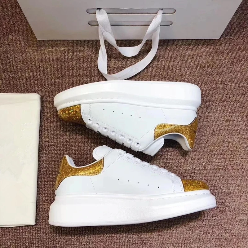 

Bling Bling Women Sneakers Fashion Mixed Color Genuine Leather Women Casual Shoes Platform Wdges Lace Up White Shoes Trainers