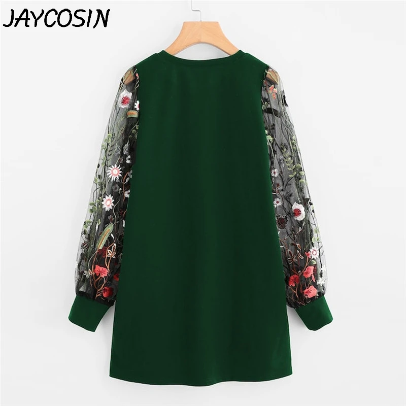 JAYCOSIN женское платье с растительной вышивкой, с круглым вырезом, с длинным рукавом, пуловер, платье-толстовка, свободное прямое короткое платье, Vestido