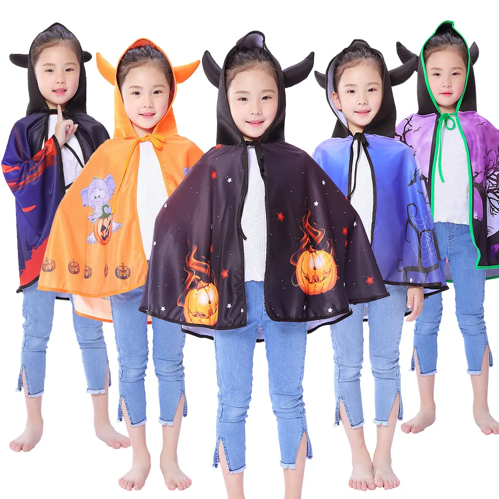 

New Kids Halloween Clothes Children 80cm Horn Cloak Robe Girls Boys Cosplay Costumes Vampire Devil Witch Costume Stage Clothing