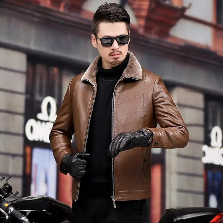 mens leather jacket motorcycle coat men jackets lapel large straight clothes business casual jaqueta de couro fashion brown