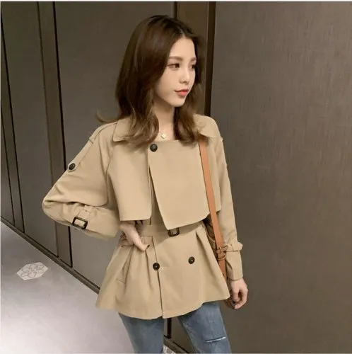 

Autumn England Style Khaki Loose Short Trench Coat Casual Double Breasted Cute Trench Coat Women Fashion Turndown Collar Coats