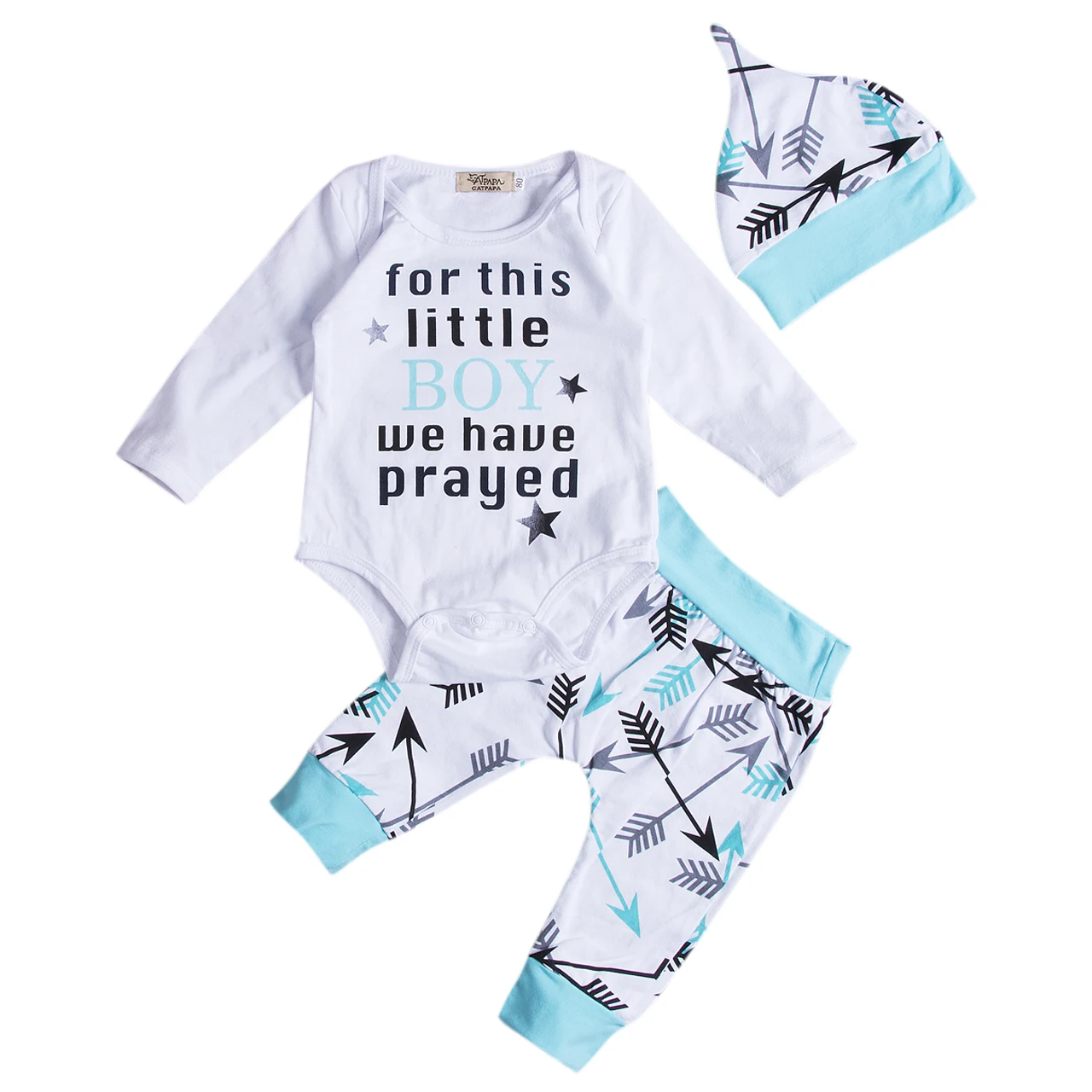 

Fashion Baby Clothing 3Pcs Newborn Infant Baby Boys Letter Printed Romper + Arrow Pants + Hat Outfits Clothes Set