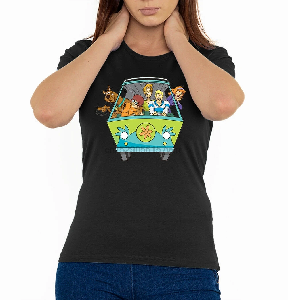Смешная женская футболка Scooby Doo черная с персонажами Ван размеры от 2 до 8