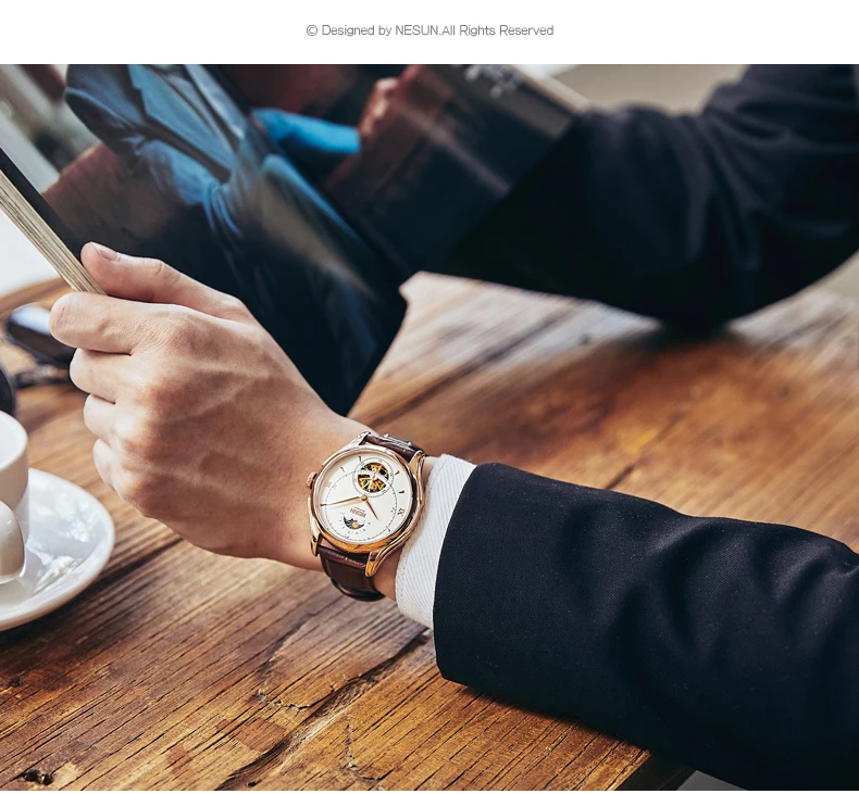 Nesun Tourbillion автоматические механические мужские часы с скелетом, роскошные Брендовые мужские часы, водонепроницаемые мужские часы, N9038-4