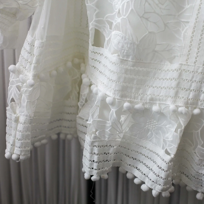 

2021 spring summer Sexy Hollow Out Patchwork Lace White Dress Lantern Sleeve Sweet Beach vestidos femme robe kobieta sukienka