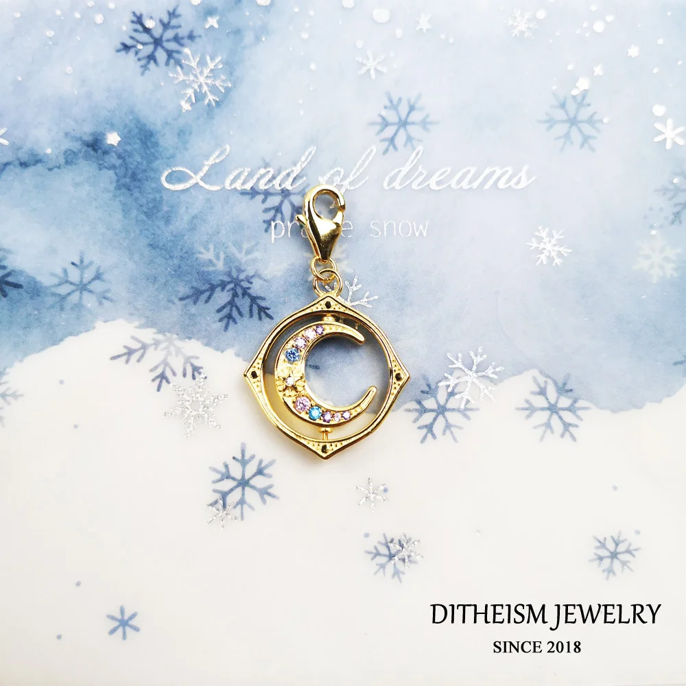 Вращающийся Кулон Шарм с Луной и звездой пробы серебро 925 золотой цвет подходит