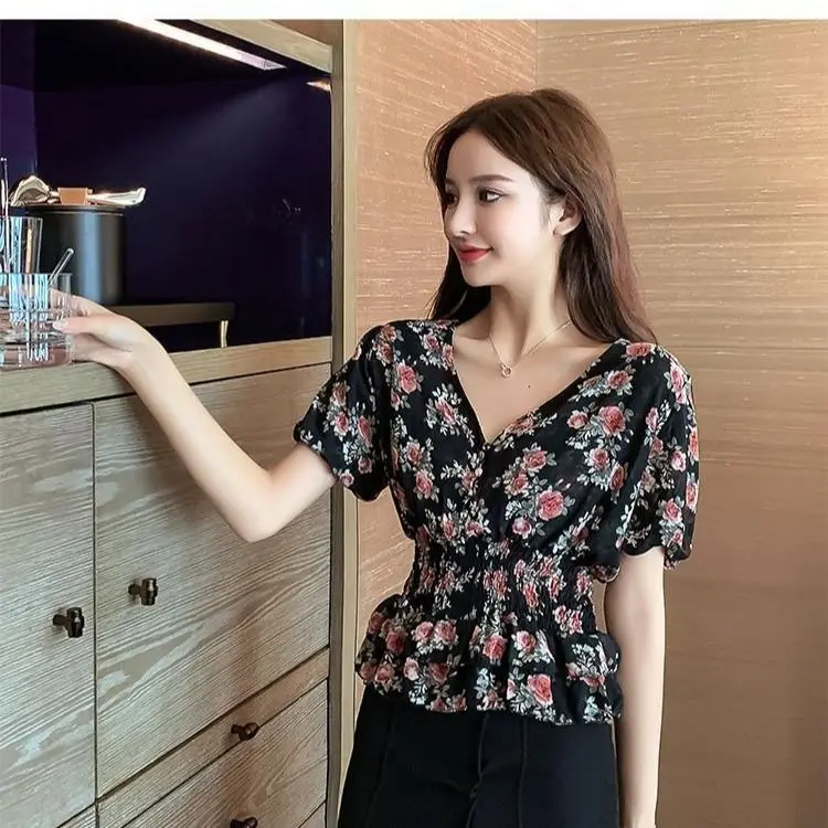 

Female Pleated Waist Slimming Lantern Sleeve Single-breasted Blouses Women Spring Short / Long Sleeve Floral Print Chiffon Shirt